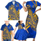 Personalized West Coast Eagles Family Matching Short Sleeve Bodycon Dress and Hawaiian Shirt Polynesian Tribal Eagle Mascot With Hibiscus Floral Art