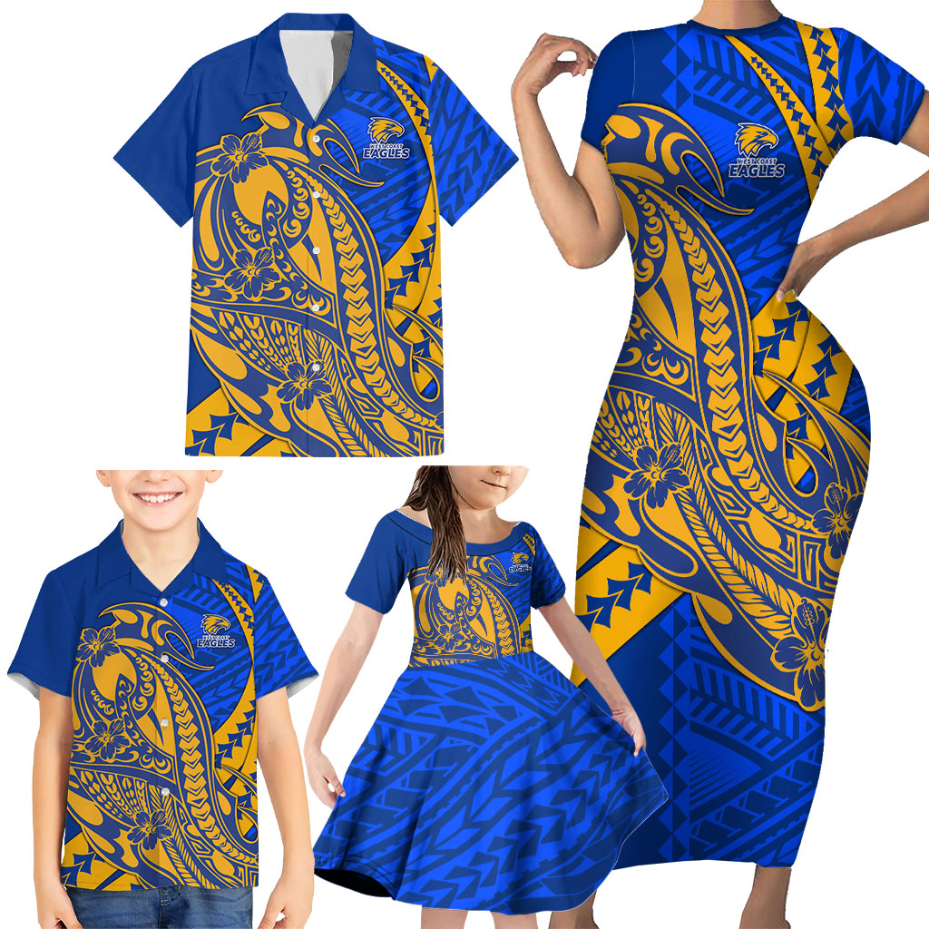 Personalized West Coast Eagles Family Matching Short Sleeve Bodycon Dress and Hawaiian Shirt Polynesian Tribal Eagle Mascot With Hibiscus Floral Art