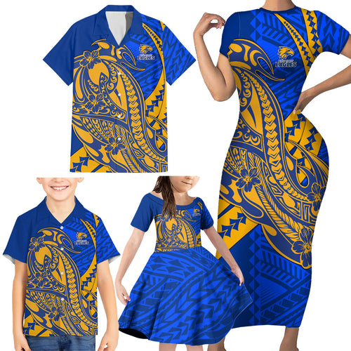 Personalized West Coast Eagles Family Matching Short Sleeve Bodycon Dress and Hawaiian Shirt Polynesian Tribal Eagle Mascot With Hibiscus Floral Art