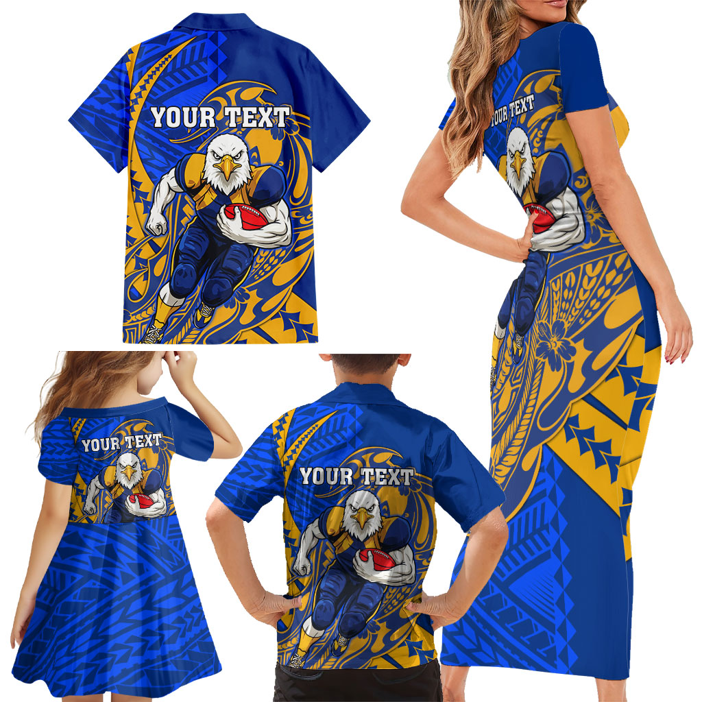 Personalized West Coast Eagles Family Matching Short Sleeve Bodycon Dress and Hawaiian Shirt Polynesian Tribal Eagle Mascot With Hibiscus Floral Art