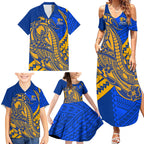 Personalized West Coast Eagles Family Matching Summer Maxi Dress and Hawaiian Shirt Polynesian Tribal Eagle Mascot With Hibiscus Floral Art