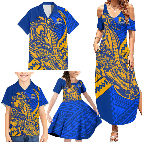 Personalized West Coast Eagles Family Matching Summer Maxi Dress and Hawaiian Shirt Polynesian Tribal Eagle Mascot With Hibiscus Floral Art