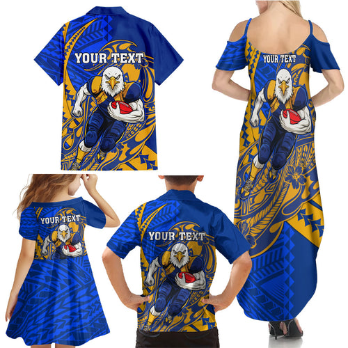 Personalized West Coast Eagles Family Matching Summer Maxi Dress and Hawaiian Shirt Polynesian Tribal Eagle Mascot With Hibiscus Floral Art