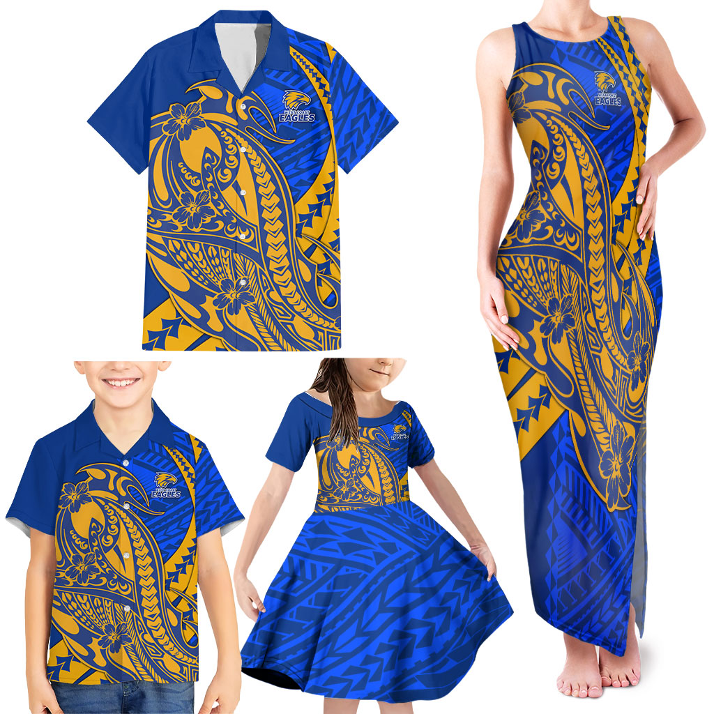 Personalized West Coast Eagles Family Matching Tank Maxi Dress and Hawaiian Shirt Polynesian Tribal Eagle Mascot With Hibiscus Floral Art