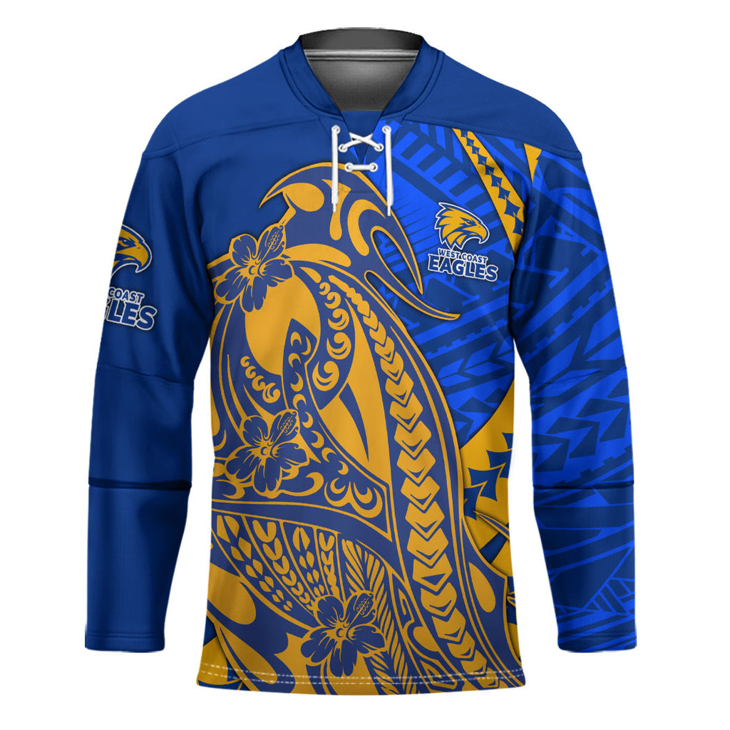 Personalized West Coast Eagles Hockey Jersey Polynesian Tribal Eagle Mascot With Hibiscus Floral Art