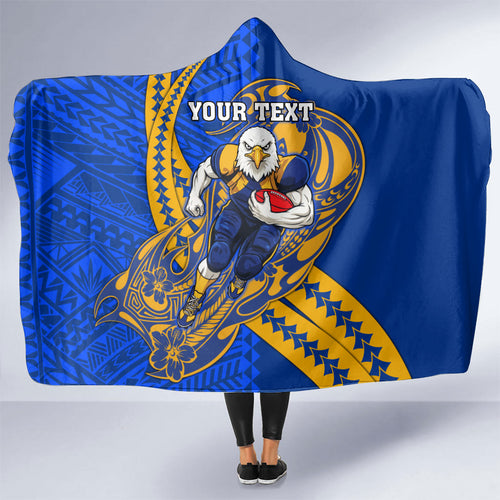 Personalized West Coast Eagles Hooded Blanket Polynesian Tribal Eagle Mascot With Hibiscus Floral Art