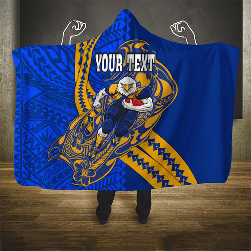 Personalized West Coast Eagles Hooded Blanket Polynesian Tribal Eagle Mascot With Hibiscus Floral Art