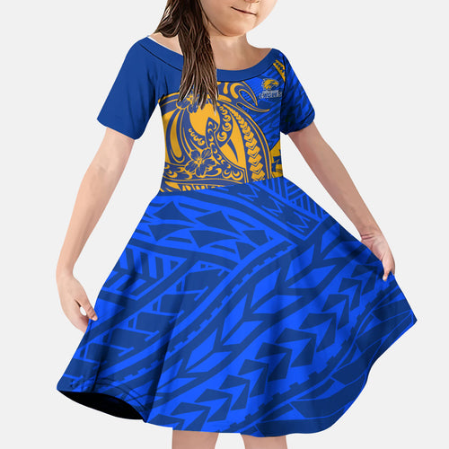 Personalized West Coast Eagles Kid Short Sleeve Dress Polynesian Tribal Eagle Mascot With Hibiscus Floral Art