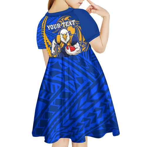 Personalized West Coast Eagles Kid Short Sleeve Dress Polynesian Tribal Eagle Mascot With Hibiscus Floral Art
