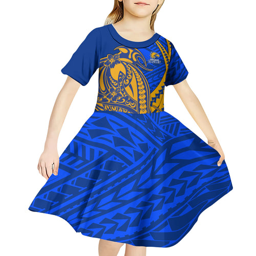Personalized West Coast Eagles Kid Short Sleeve Dress Polynesian Tribal Eagle Mascot With Hibiscus Floral Art