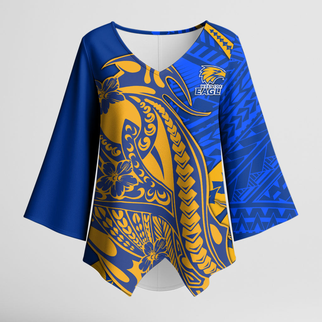 Personalized West Coast Eagles Kimono Sleeve Blouse Polynesian Tribal Eagle Mascot With Hibiscus Floral Art