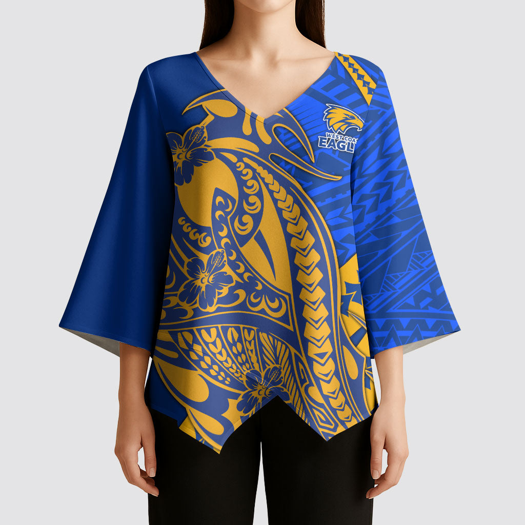 Personalized West Coast Eagles Kimono Sleeve Blouse Polynesian Tribal Eagle Mascot With Hibiscus Floral Art