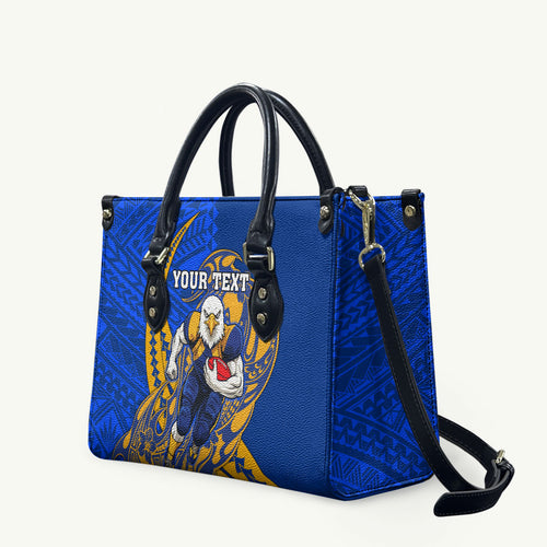 Personalized West Coast Eagles Leather Bag Polynesian Tribal Eagle Mascot With Hibiscus Floral Art