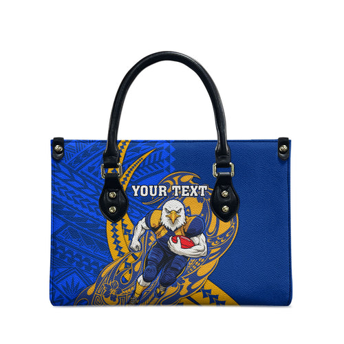 Personalized West Coast Eagles Leather Bag Polynesian Tribal Eagle Mascot With Hibiscus Floral Art