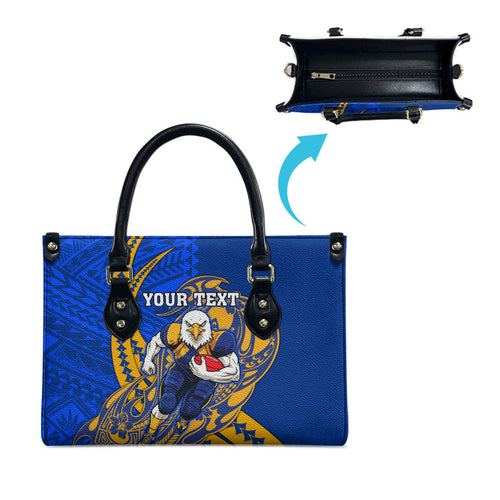 Personalized West Coast Eagles Leather Bag Polynesian Tribal Eagle Mascot With Hibiscus Floral Art