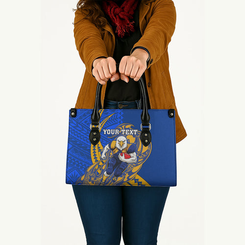 Personalized West Coast Eagles Leather Bag Polynesian Tribal Eagle Mascot With Hibiscus Floral Art