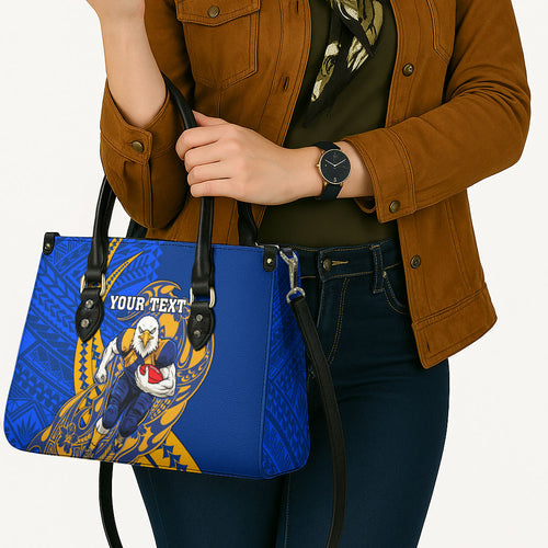 Personalized West Coast Eagles Leather Bag Polynesian Tribal Eagle Mascot With Hibiscus Floral Art