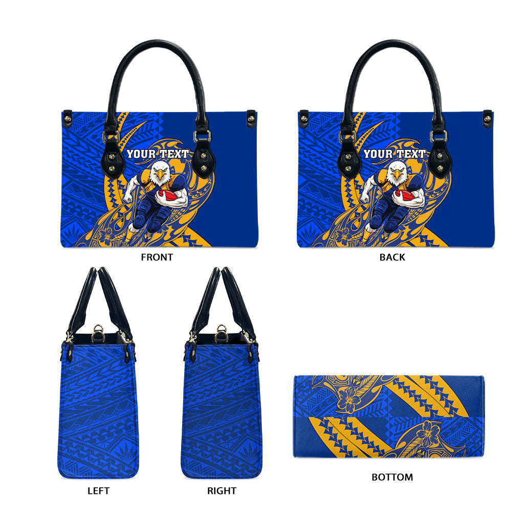 Personalized West Coast Eagles Leather Bag Polynesian Tribal Eagle Mascot With Hibiscus Floral Art