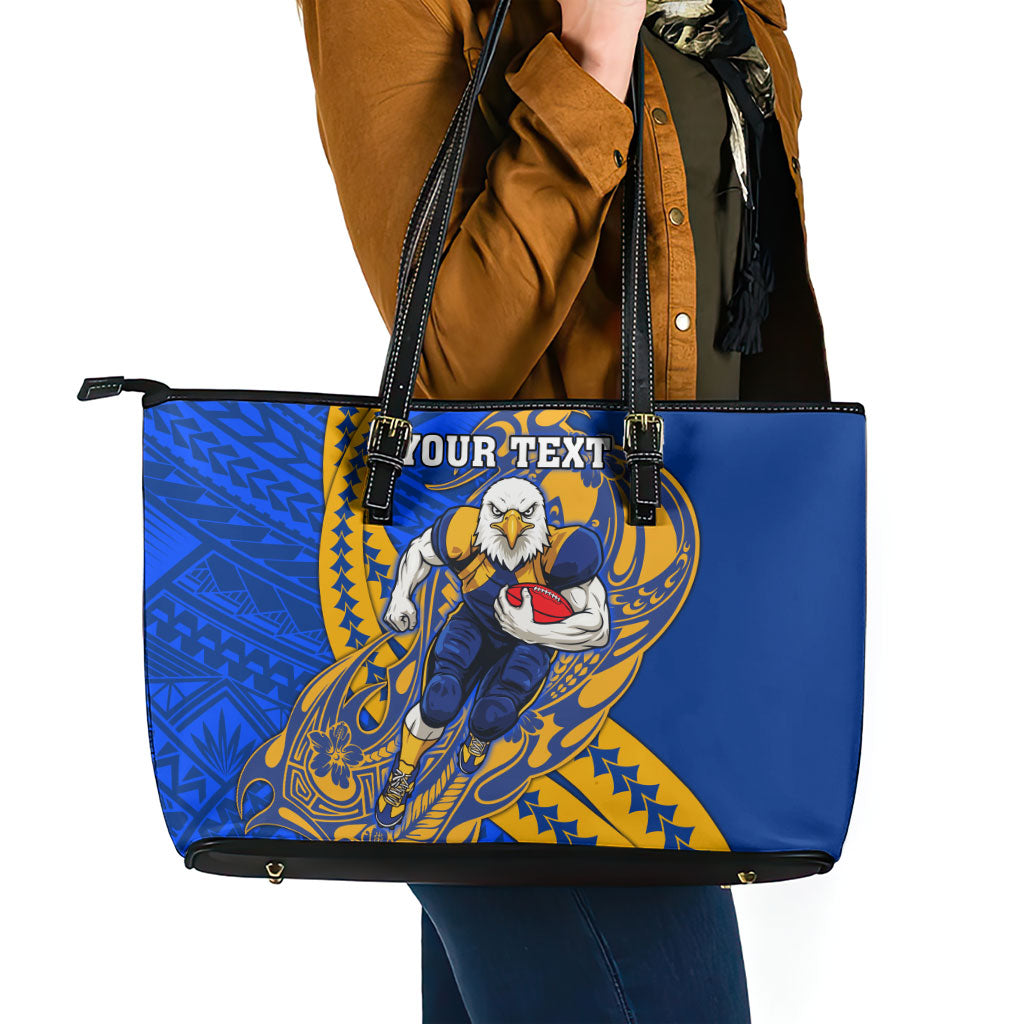 Personalized West Coast Eagles Leather Tote Bag Polynesian Tribal Eagle Mascot With Hibiscus Floral Art