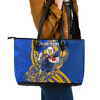Personalized West Coast Eagles Leather Tote Bag Polynesian Tribal Eagle Mascot With Hibiscus Floral Art