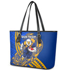 Personalized West Coast Eagles Leather Tote Bag Polynesian Tribal Eagle Mascot With Hibiscus Floral Art