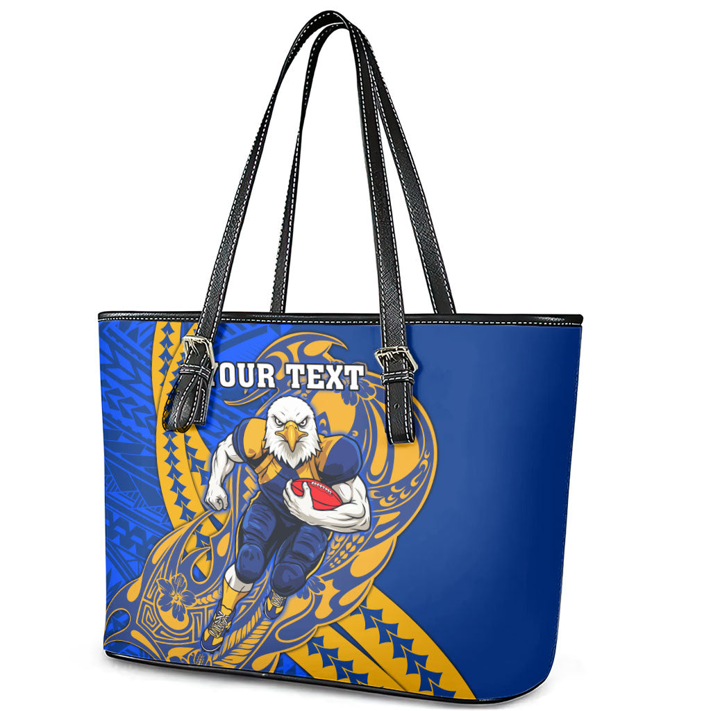 Personalized West Coast Eagles Leather Tote Bag Polynesian Tribal Eagle Mascot With Hibiscus Floral Art