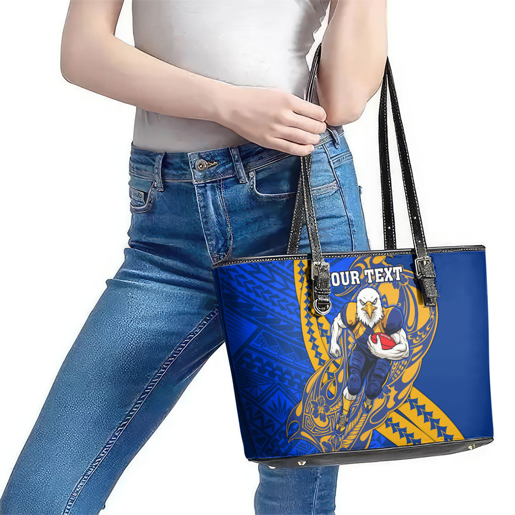 Personalized West Coast Eagles Leather Tote Bag Polynesian Tribal Eagle Mascot With Hibiscus Floral Art
