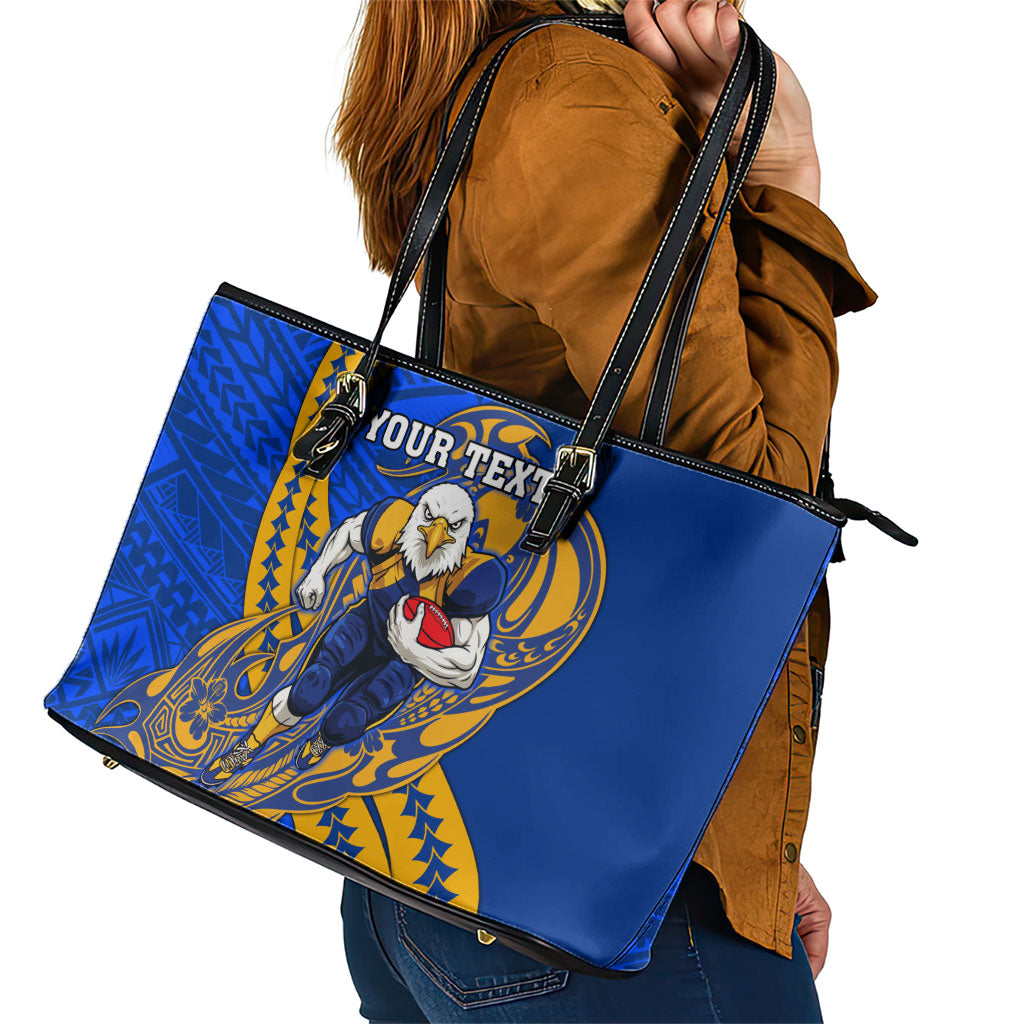 Personalized West Coast Eagles Leather Tote Bag Polynesian Tribal Eagle Mascot With Hibiscus Floral Art