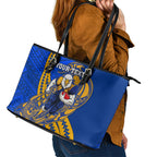 Personalized West Coast Eagles Leather Tote Bag Polynesian Tribal Eagle Mascot With Hibiscus Floral Art