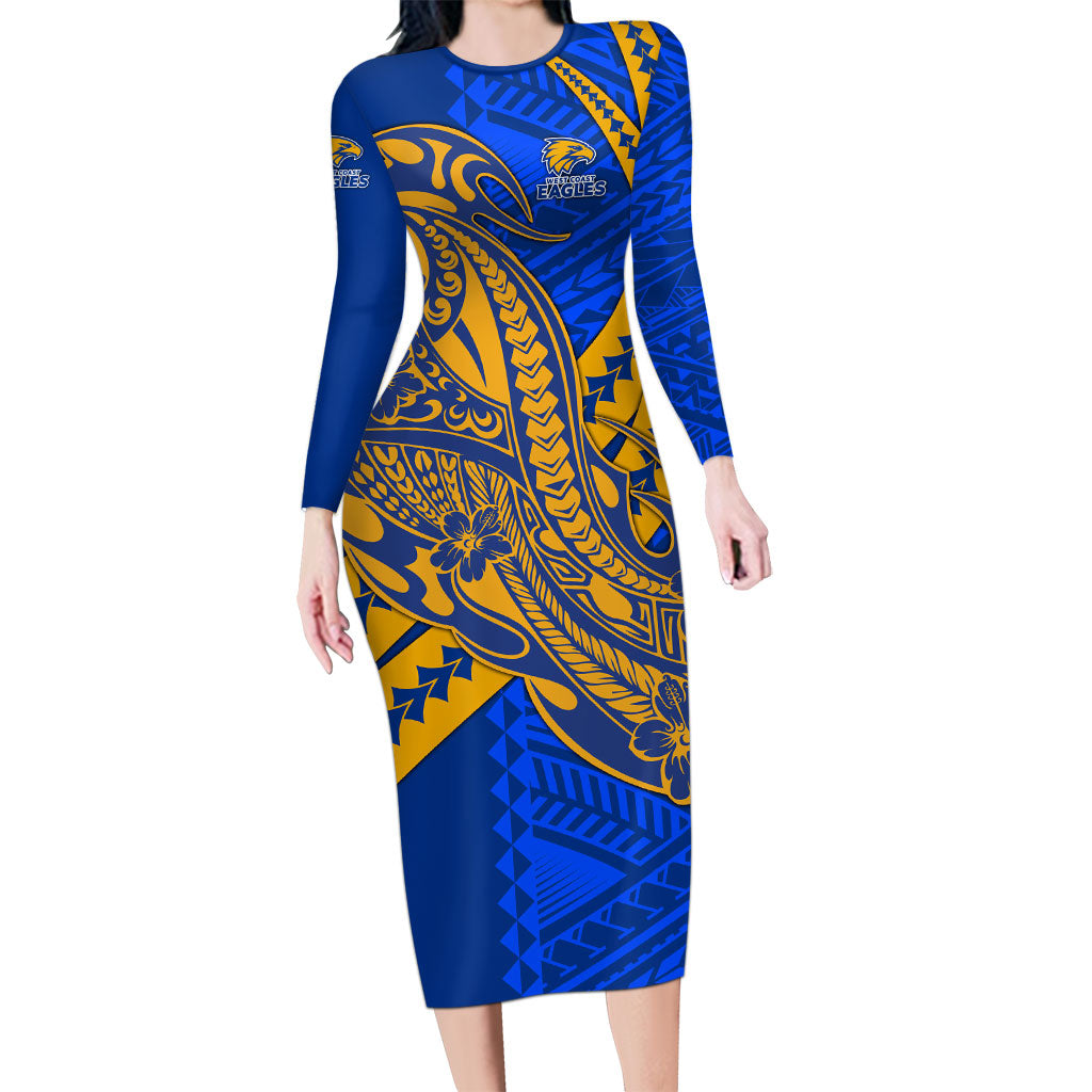 Personalized West Coast Eagles Long Sleeve Bodycon Dress Polynesian Tribal Eagle Mascot With Hibiscus Floral Art