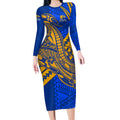 Personalized West Coast Eagles Long Sleeve Bodycon Dress Polynesian Tribal Eagle Mascot With Hibiscus Floral Art