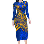 Personalized West Coast Eagles Long Sleeve Bodycon Dress Polynesian Tribal Eagle Mascot With Hibiscus Floral Art