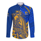 Personalized West Coast Eagles Long Sleeve Button Shirt Polynesian Tribal Eagle Mascot With Hibiscus Floral Art
