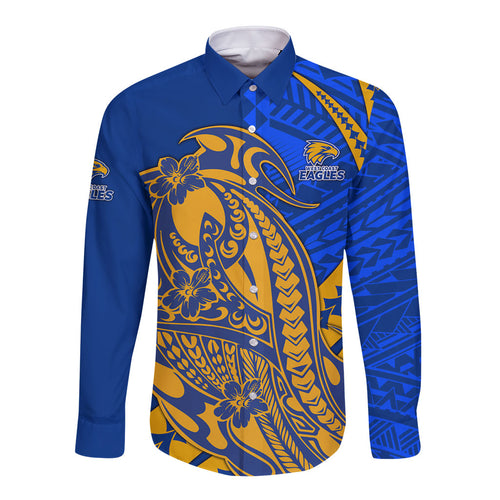 Personalized West Coast Eagles Long Sleeve Button Shirt Polynesian Tribal Eagle Mascot With Hibiscus Floral Art