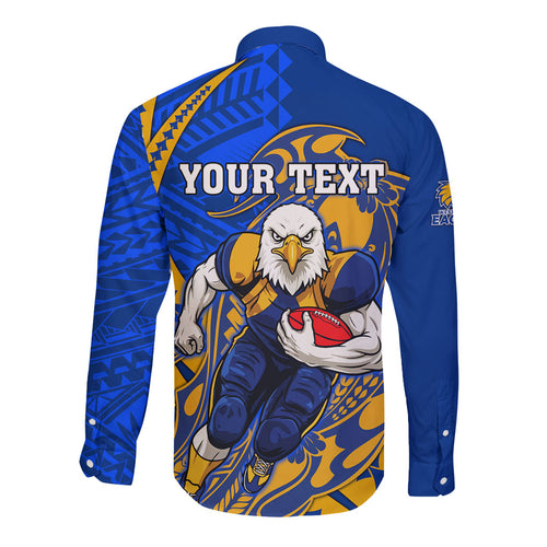 Personalized West Coast Eagles Long Sleeve Button Shirt Polynesian Tribal Eagle Mascot With Hibiscus Floral Art