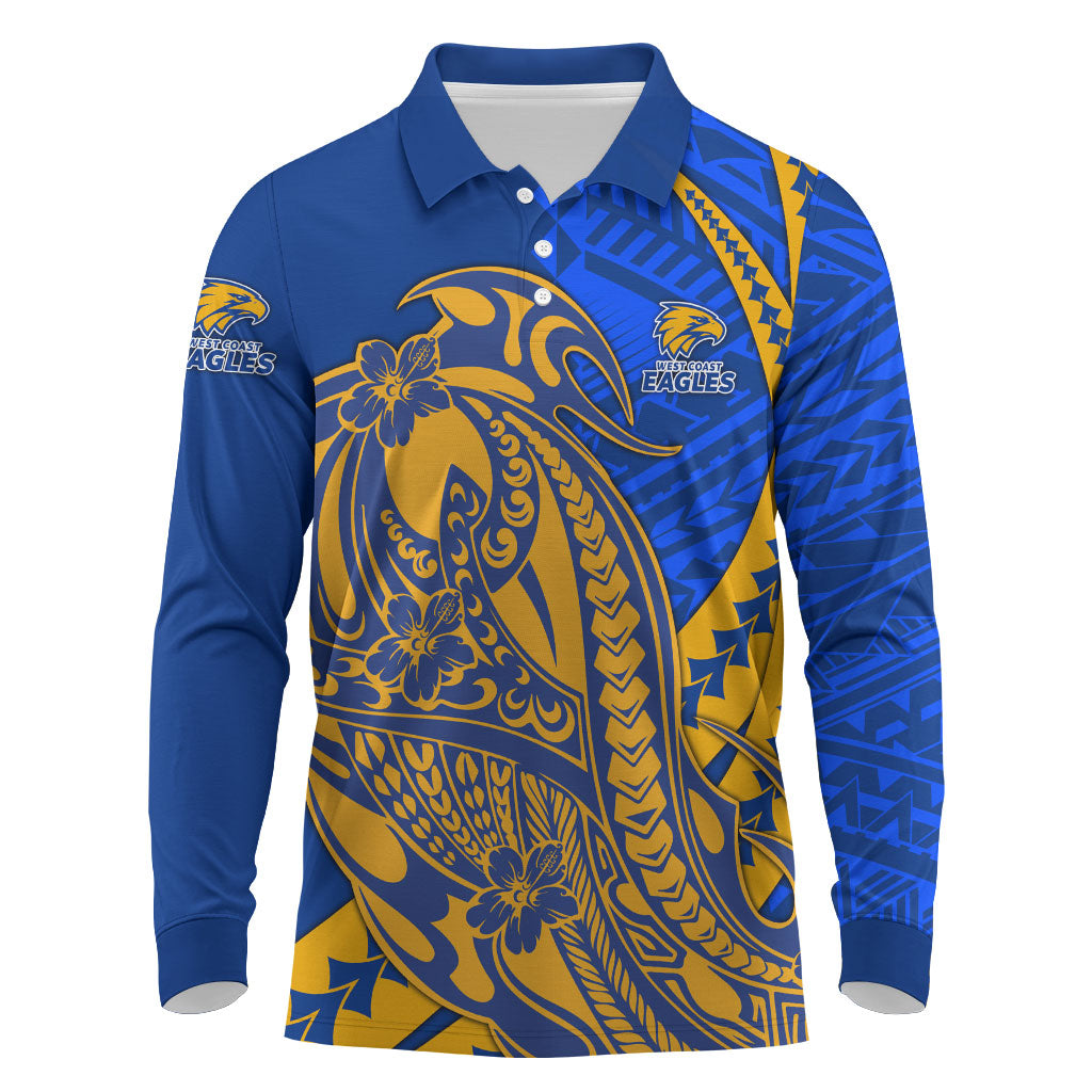 Personalized West Coast Eagles Long Sleeve Polo Shirt Polynesian Tribal Eagle Mascot With Hibiscus Floral Art