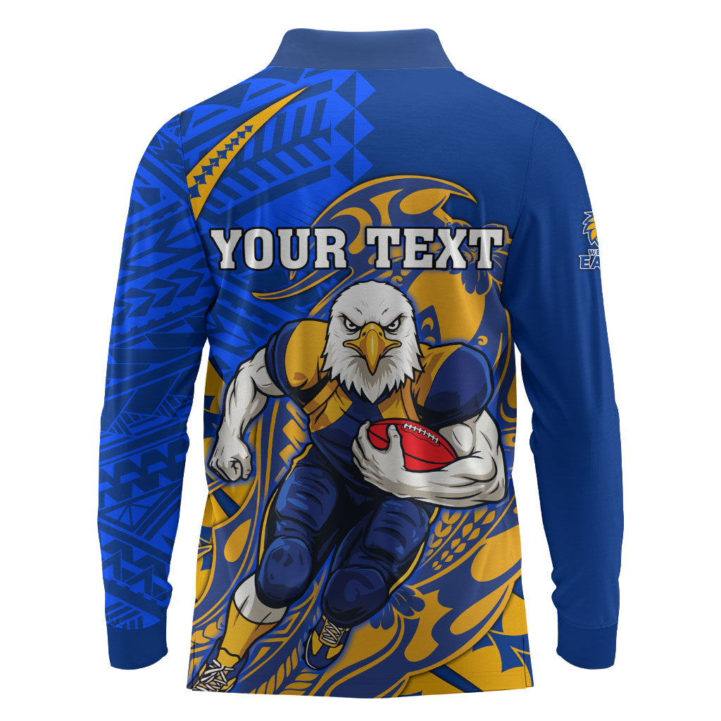 Personalized West Coast Eagles Long Sleeve Polo Shirt Polynesian Tribal Eagle Mascot With Hibiscus Floral Art