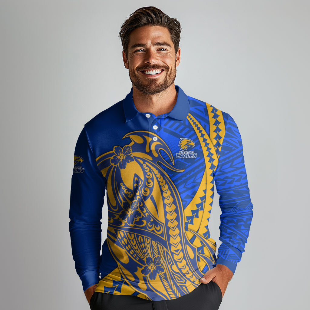 Personalized West Coast Eagles Long Sleeve Polo Shirt Polynesian Tribal Eagle Mascot With Hibiscus Floral Art