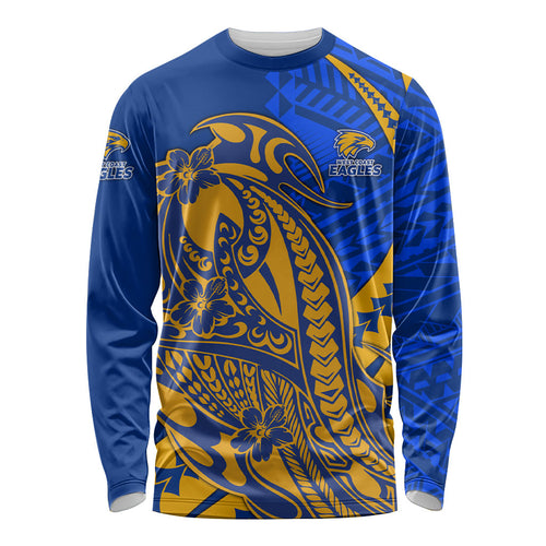 Personalized West Coast Eagles Long Sleeve Shirt Polynesian Tribal Eagle Mascot With Hibiscus Floral Art