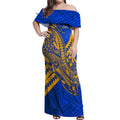 Personalized West Coast Eagles Off Shoulder Maxi Dress Polynesian Tribal Eagle Mascot With Hibiscus Floral Art