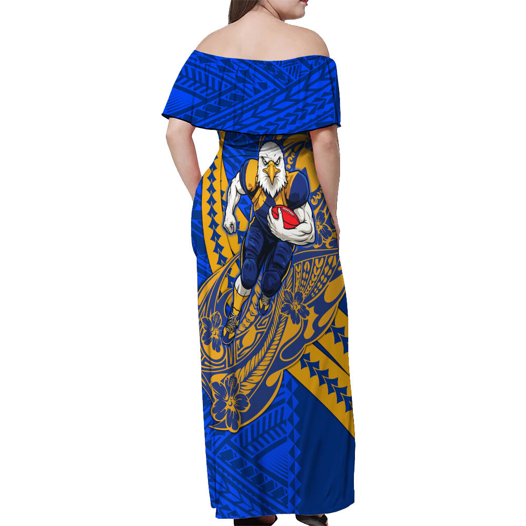 Personalized West Coast Eagles Off Shoulder Maxi Dress Polynesian Tribal Eagle Mascot With Hibiscus Floral Art
