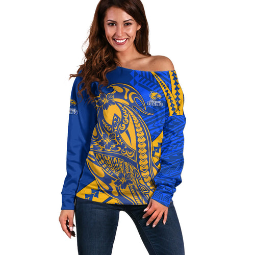 Personalized West Coast Eagles Off Shoulder Sweater Polynesian Tribal Eagle Mascot With Hibiscus Floral Art