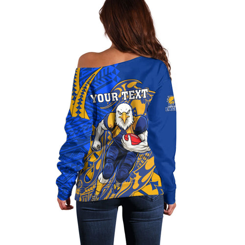 Personalized West Coast Eagles Off Shoulder Sweater Polynesian Tribal Eagle Mascot With Hibiscus Floral Art