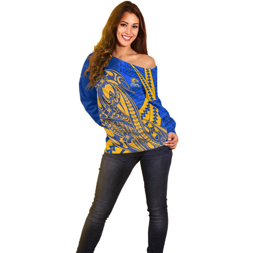 Personalized West Coast Eagles Off Shoulder Sweater Polynesian Tribal Eagle Mascot With Hibiscus Floral Art