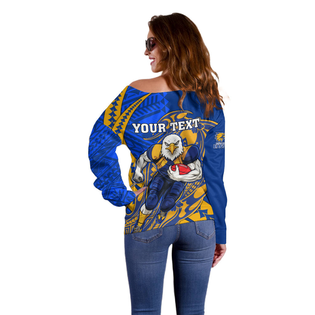 Personalized West Coast Eagles Off Shoulder Sweater Polynesian Tribal Eagle Mascot With Hibiscus Floral Art