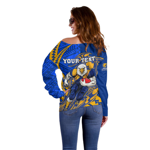Personalized West Coast Eagles Off Shoulder Sweater Polynesian Tribal Eagle Mascot With Hibiscus Floral Art