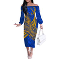 Personalized West Coast Eagles Off The Shoulder Long Sleeve Dress Polynesian Tribal Eagle Mascot With Hibiscus Floral Art