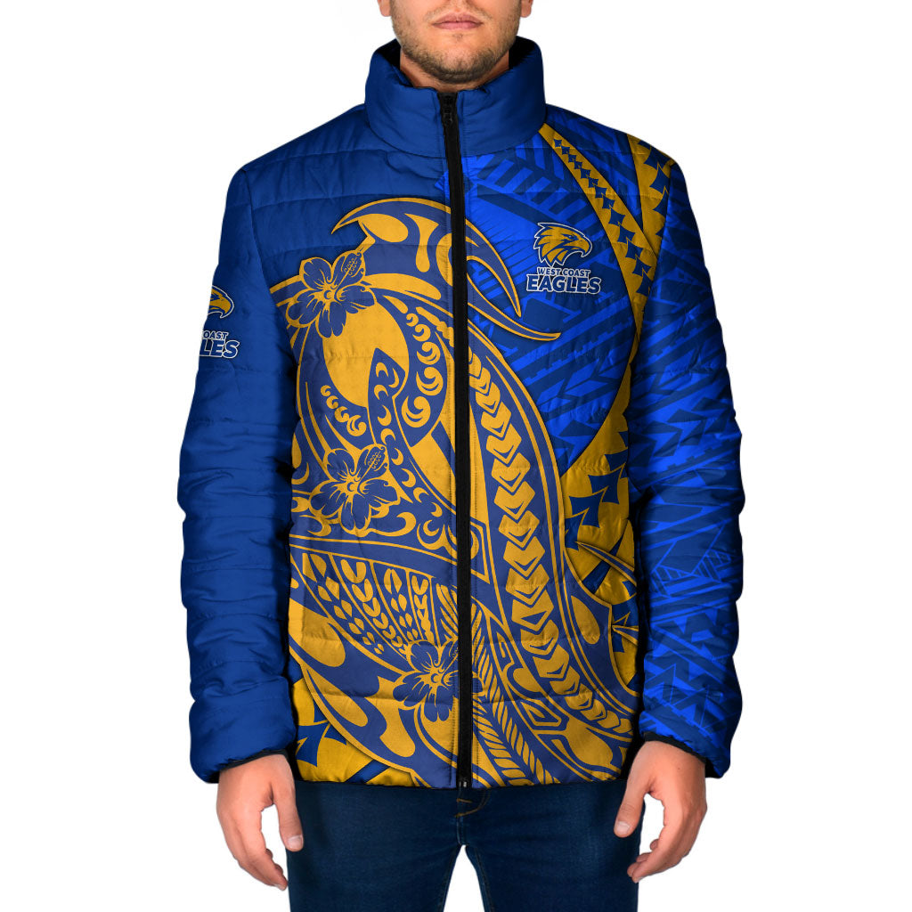 Personalized West Coast Eagles Padded Jacket Polynesian Tribal Eagle Mascot With Hibiscus Floral Art