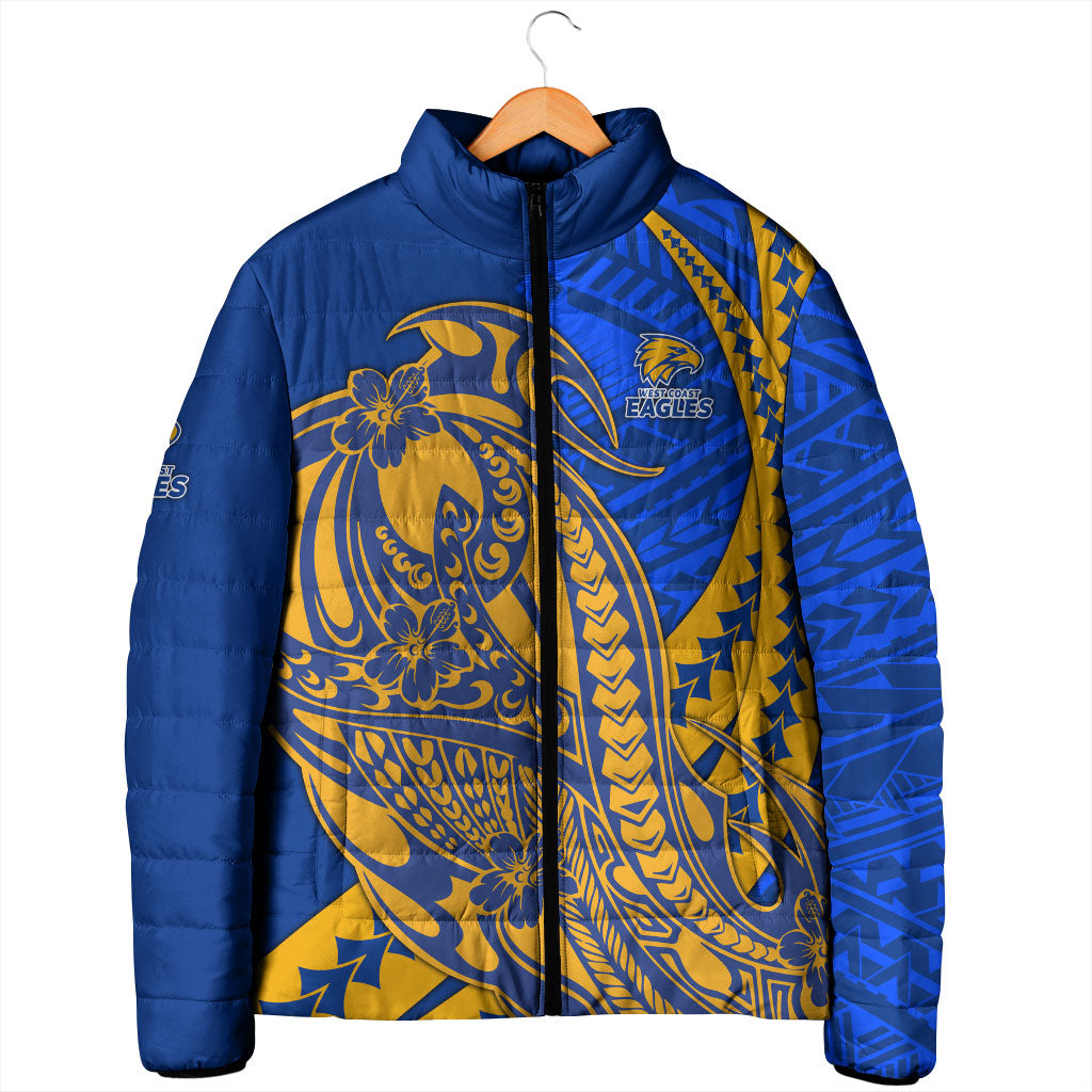 Personalized West Coast Eagles Padded Jacket Polynesian Tribal Eagle Mascot With Hibiscus Floral Art