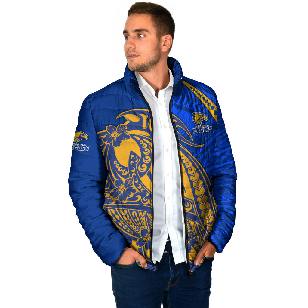 Personalized West Coast Eagles Padded Jacket Polynesian Tribal Eagle Mascot With Hibiscus Floral Art